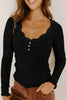 Black Lace Neckline Button Decor Lettuce Edge Long Sleeve Ribbed Top by Wild and Free Boutique