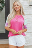 Bright Pink Twisted Ribbed Color Block Patchwork Henley Short Sleeve T Shirt by Wild and Free Boutique