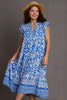 Blue Full Size Two-Tone Print Ruffle Cap Sleeve Midi Dress Plus Size Statement Piece Dress by Stevvex