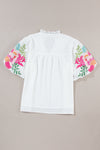 White Floral Embroidered Puff Sleeve Notched Neck Blouse