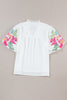White Floral Embroidered Puff Sleeve Notched Neck Blouse