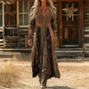 Women's Retro Chic 3D Print V-Neck Long-Sleeve A-Line Dress by FitiqueFit
