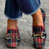 Women's Plaid Square Toe Flats – Buckle Casual Shoes in Red & Blue by FitiqueFit