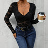Women’s Lace Long Sleeve Bodysuit – Deep V Neck Solid Top by FitiqueFit