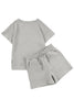 Black 2pcs Solid Textured Drawstring Shorts Set