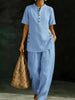 Three-Quarter Sleeve Shirt & Wide-Leg Pants Two-Piece Set – Solid Color Casual by FitiqueFit