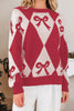 Red Bow Print 2-tone Rhombus Knit Loose Sweater by Wild and Free Boutique