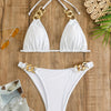Luxe Chain Link Triangle Halter Bikini Set – Chic V Neck 2 Piece Swimsuit with Lace-Up Tie Back High Stretch Nylon Blend and Sleek Solid Color Finish – Women's Elegant Swimwear for Summer Beach & Pool Style by Stevvex