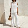 Women's Off-Shoulder Short-Sleeve Linen Blend Pantsuit Set by FitiqueFit