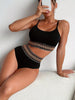 Bikini Scoop Neck High Waist 2 Piece Swimsuit for Women – Chic Solid Color Bikini Set with Contrast Band Detail – Stretchy Comfortable Flattering Swimwear for Beach Pool and Summer Vacation by Stevvex