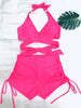 Coastal Curve Halter Bikini Set for Women – V-Neck Crisscross Drawstring Swimsuit with Chic Ring Detail & High-Waisted Boxer Shorts for Summer – Sleek Two-Piece Nylon Swimwear for Women’s Beach & Poolside Style by Stevvex