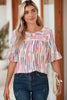 White Striped Abstract Print Ruffle Half Sleeve Blouse