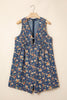 Blue Retro Floral Print Bow Tie V Neck Sleeveless Pleated Loose Denim Romper by Wild and Free Boutique