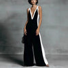 Women's Sleeveless V-Neck Contrast Color Wide-Leg Jumpsuit by FitiqueFit