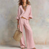 Women's Casual Linen Vacation Set – Three-Quarter Sleeve Top & Full-Length Pants by FitiqueFit
