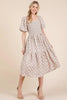 New Floral Embroidered Smocked Puff Sleeve Tiered Midi Dress For Women Elegant,Charming and Feminine Floral Embroidered Midi Dress with Puff Sleeves and Tiered Design by Stevvex