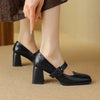 Women's Sheepskin Mary Jane Heels – Square Toe Chunky Heel Buckle Pumps by FitiqueFit