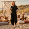 Women's Lapel Button-Up Top & Pants Two-Piece Set – Three-Quarter Sleeve by FitiqueFit