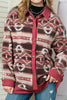 Retro Unique Geometric Print Corduroy Trim Button-Up Jacket Classic Modern Deep Rose Jacket by Stevvex