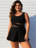 Women's Plus Size Swimdress — Black Mesh Cutout Waist & Flared Skirt by FitiqueFit