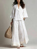 Women's Cotton-Linen V-Neck 3/4 Sleeve Shirt & Wide-Leg Pants Set by FitiqueFit