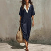 Women's V-Neck Loose Cropped-Sleeve Linen Midi Dress with Pockets by FitiqueFit