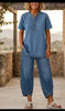 Women's Lapel Button-Up Top & Pants Two-Piece Set – Three-Quarter Sleeve by FitiqueFit