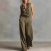 Women’s Linen Blend Two-Piece Set – Sleeveless Shirt & Wide-Leg Pants by FitiqueFit