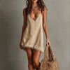 Women's V-Neck Slip Mini Dress – Fringe Trim Sleeveless Streetwear by FitiqueFit