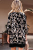 Black 3/4 Sleeve Botanical Print Split Neck Loose Mini Dress by Wild and Free Boutique
