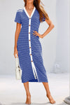 Contrast Striped V-Neck Short Sleeve Midi Dress