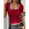 Women’s Y2K Lace Trim Slim Fit Tee – U-Neck Short Sleeve Top by FitiqueFit