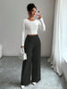 Women's High-Waist Straight-Leg Pants – Solid Color Button Detail Full Length by FitiqueFit