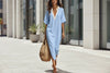Women's V-Neck Loose Cropped-Sleeve Linen Midi Dress with Pockets by FitiqueFit