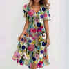 Floral Print A-Line Dress – V-Neck Short Sleeve Midi Dress by FitiqueFit