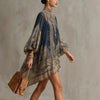 Navy Blue Printed Puff Sleeve Stand Collar Dress – Loose Boho Asymmetric Hem Dress for Women by FitiqueFit