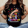 "Different is Beautiful" Artistic Giraffe T-Shirt – Autism Awareness Hearts & Puzzle Print, Premium 100% Cotton Neurodiversity Top, Soft Lived-In Heavyweight Women's Advocacy Wear, Made in USA
