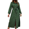 New Women Turn-down Collar Green Long Sleeve Solid Color Dress