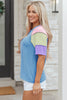 Bright Pink Twisted Ribbed Color Block Patchwork Henley Short Sleeve T Shirt by Wild and Free Boutique