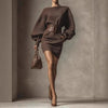 Women’s Brown Bodycon Mini Dress — Boat Neck, Long Sleeve by FitiqueFit