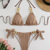 Bikini Ruched Texture Golden Chain 2 Piece Triangle Swimsuit for Women – Striped Halter Bikini Set with Bow Tie Side and Elegant Ring Link Detail – Stretchy Beachwear for Pool Bathing and Summer Vacations by Stevvex