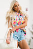 Pink Multicolor Abstract Print High Neck Flutter Sleeves Top