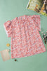 Pink Plus Size Floral Print Ruffled Sleeve Frilled Neck Blouse