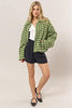 Cute Green Tweed Plaid Button Up Collared Neck Jacket Classic & Elegant Layering Piece Everyday Jacket by Stevvex