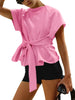 Women's Loose Round-Neck Lace-Up Bow-Knot Short-Sleeve Top by FitiqueFit