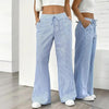 Women's Striped Print Straight Wide Leg Pockets Pants Casual Long Pants by FitiqueFit