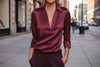 Elegant Women's V-Neck Long Sleeve Blouse With Satin Sheen Formal Shirt by FitiqueFit