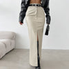 French Style Khaki PU Leather Skirt Women's Simple Split High Waist Straight Dress