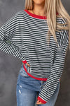 Pink Contrast Trimmed Striped Drop Shoulder Sweater