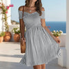 Women's Off-Shoulder Striped Waist-Cinching Midi Dress by FitiqueFit
